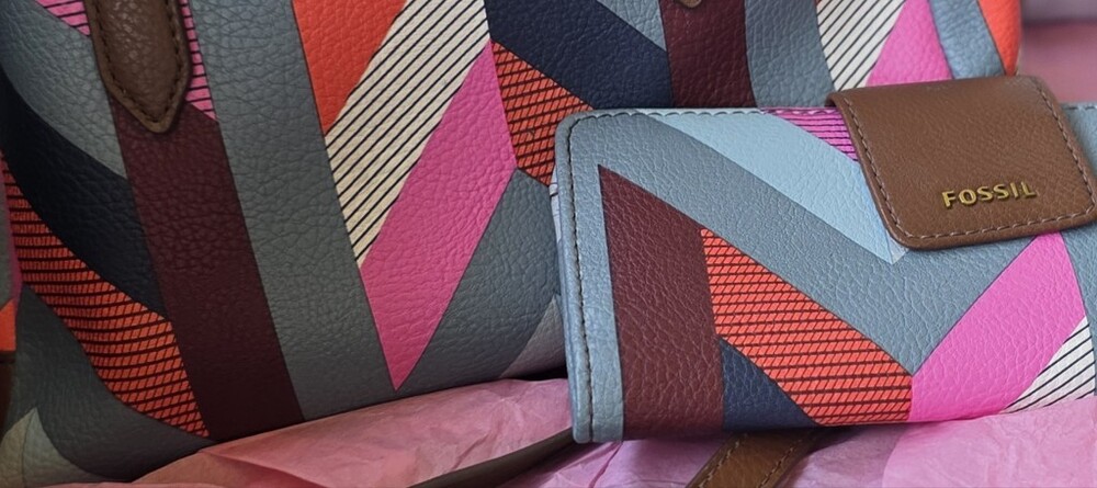 Fossil Brown Tote with Pink, Blue and Cream Geometric Panels - Picture 9 of 16